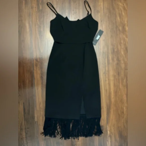 Aidan Adrianna Papell Crepe Popover Midi Black Fringe Hem Sheath Dress 2 LBD NWT - Picture 4 of 16